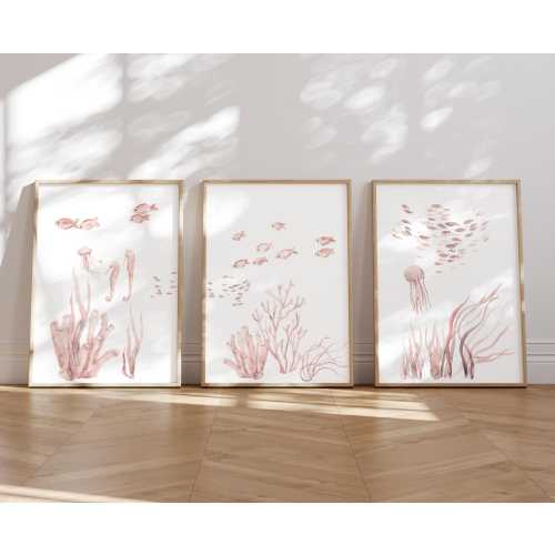 Watercolor Pink Coastal Wall Art - Reef Painting – Minimalist Modern Baby Girl Nursery Wall Art, Marine Art with Corals, Fish & Seahorse