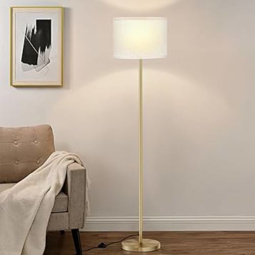 Ambimall 60'' Modern Floor Lamp with Shade, Tall Lamps for Living Room, Bedroom, Office, Dining Room, Beige Shade with Gold Pole(Without Bulb)