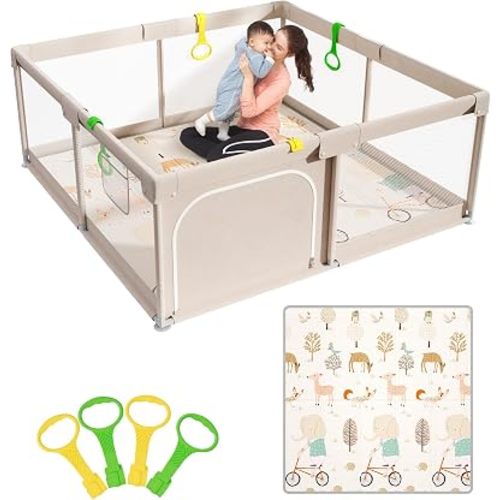 Mloong Baby Playpen with Mat, 59x59in Playpen for Babies and Toddlers, Grey