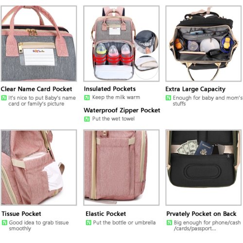 HAPPYLUOKA 3 in 1 Diaper Backpack with Changing Station, Baby Boy Diaper Bags, Baby Girl Nappy Bag, Mauve