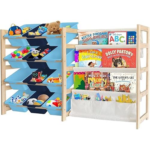 Toy Storage Organizer with Bookshelf - 12 Storage Bins 4-Tier Multipurpose Shelf to Organize Toys and Books for Kids Room, Playroom, Nursery Room, Blue