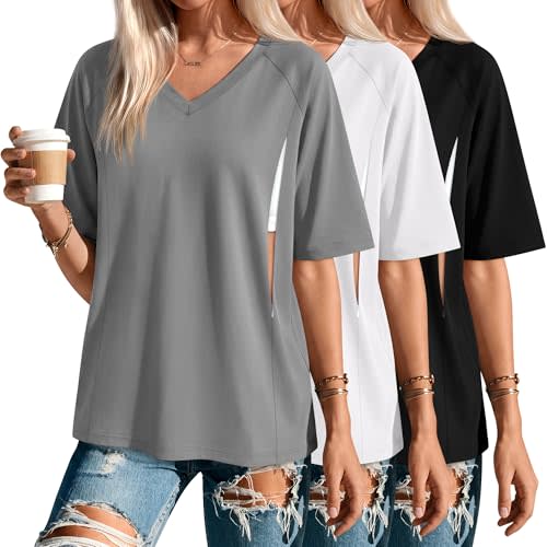 Sweetyweee 3 Pack Women's Nursing Shirts for Breastfeeding Tops Oversized Short Sleeve Postpartum Outfits with Hidden Zip