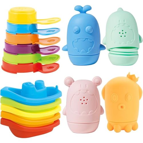 Baby Bath Toys for Toddlers, 15 PCS Mold Free Bathtub Water Play Toys with Rainbow Color Floating Boats Spoons and Silicone Sensory Bath Toys, Water Table & Pool Toys for Babies and Toddlers