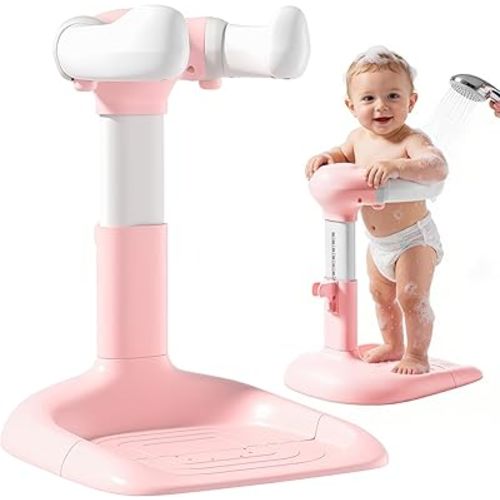 Upgraded Baby Shower Stand with Anti-Pinch Silicone & Anti-Slip Base, Adjustable Height Soporte para Bañera de Bebé, Baby Bath Standing Support Assist Holder for 6-36 Months Toddler, Ideal Gift, Pink