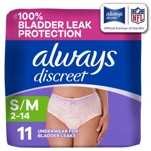 Always Discreet Adult Incontinence Underwear for Women and Postpartum Underwear, S/M, Up to 100% Bladder Leak Protection, 11 Count
