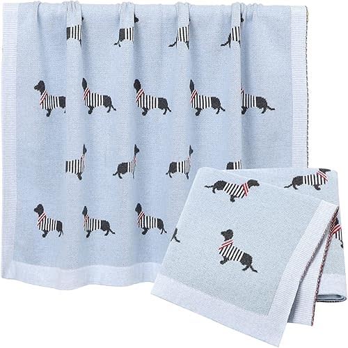 Opewod Baby Blanket Knitted 100% Cotton Soft Blankets for Newborn Boy Girls Cute Dog Dachshund 30x40 inches Ligth Blue