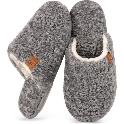 EverFoams Women's Fuzzy Slippers Cozy House Shoes Light Gray, 9-10 US