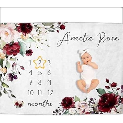 OLIVE OLIVIA Personalized Monthly Baby Milestone Blanket, Baby Months Blanket, Perfect Custom Newborn Gifts,30"x40"