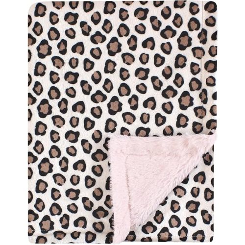 Hudson Baby Unisex Baby Plush Blanket with Furry Binding and Back, Leopard/Pink, One Size