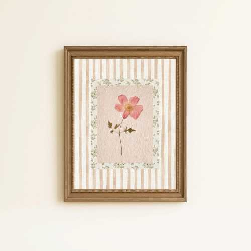 Pink Pressed Flower Wall Art | Neutral Stripe Vintage Floral Print | Cottagecore Botanical Decor | Digital Download