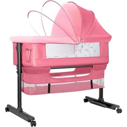 Baby Bassinets Bedside Sleeper, 3 in 1 Baby Bassinet, Adjustable Easy Folding Portable Bed, with Mosquito Nets, Large Storage Bag, Comfortable Mattresses, for Infant/Baby/Newborn (Pink)