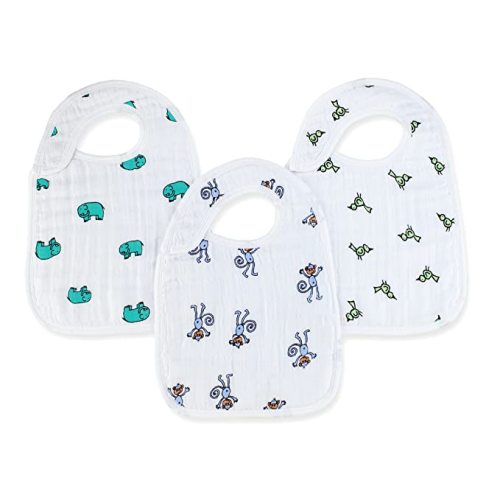 aden + anais Snap Bib; 100% Cotton Muslin; Soft Absorbent 3 Layers; Adjustable; 9'' X 13''; 3 Pack; Jungle Jam; Elephants and Monkeys