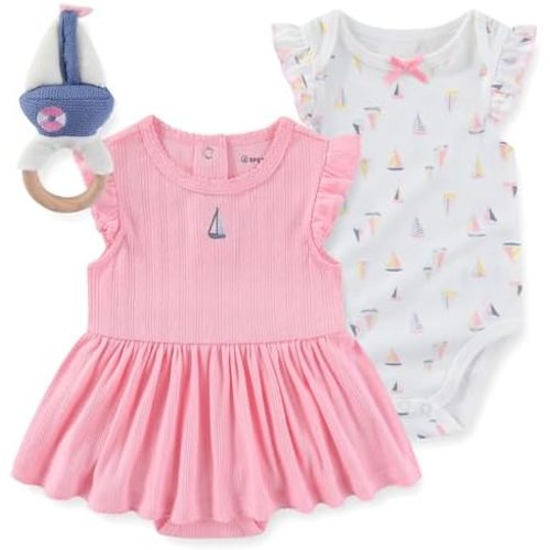 Sperry Baby Girls 2 Pack Interlock Bodysuit with Sailboat Rattle for Newborn and Infant