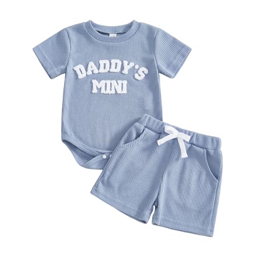 Kupretty Baby Boy Clothes Daddy's Mini Waffle Knit Romper Shorts Set | 3 6 12 18 Months Boys Clothing Set Infant Summer Outfit Embroidery Short Sleeve Bodysuit & Matching Shorts Set