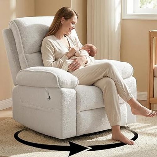 YuuYee Teddy Fleece 360° Swivel Rocker Recliner Nursery Rocking Chairs with Phone Holder Manual Gilder Recliner Chair with Wide Foot Rest for Living Room and Baby Room
