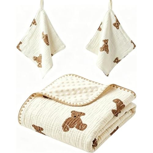 3-Piece Baby Blanket Set - Soft Cotton Muslin Swaddle with Minky Dotted Backing, 2 Matching Washcloths, Breathable Double Layer Receiving Blanket for Newborn Boys & Girls (Teddy Bear)