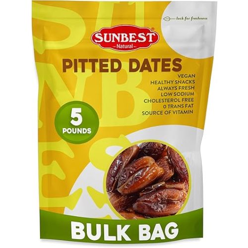 Sunbest Natural Deglet Noor Dates, 5 lbs – Pitted & Whole – Bulk Dried Fruit Snack For Kids & Adults – Naturally Sweet For Baking & Cooking – Sun-Dried, Fiber Rich, Kosher & No Sugar Added (80 oz)
