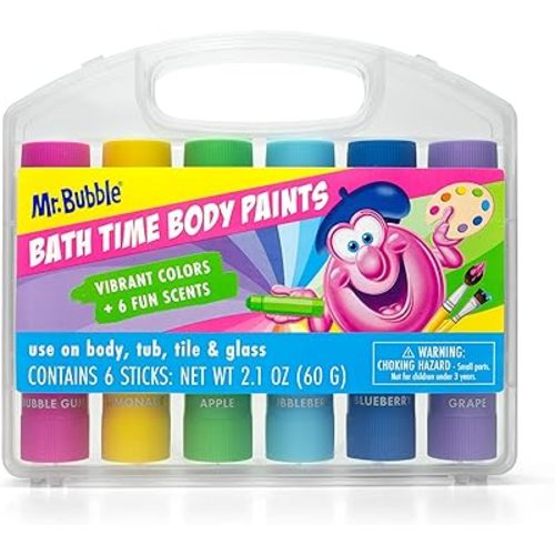 Mr. Bubble Bath Time Body Paints – 6-Color Washable Bath Paint Sticks with Gentle, Kid-Safe Formula – Fun Tub Time Art Set with Scented Colors & Carrying Case