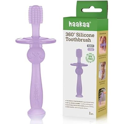 haakaa 360° Silicone Baby Toothbrush – 100% Soft Food Grade Silicone, BPA-Free, Suction Base, Safe for Babies 6 Months+, Gentle Gum and Teeth Cleaning for Infants, Gum Massager (Lilac)
