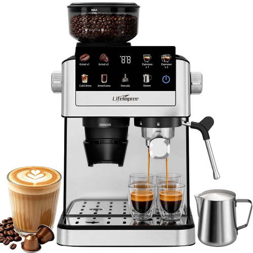 LifeImpree Espresso Machine with Grinder, 20 Bar Coffee Machine for Home with Powerful Milk Frother Steam Wand, 30 Grind Settings, 1550W Coffee Maker with Portafilter for Capsules