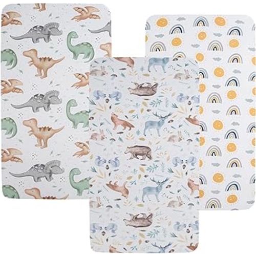 Pack n Play Sheet Stretchy Fitted Portable Mini Crib Sheets Set 3 Pack,Playard Sheets Convertible Playard Mattress Cover,Ultra Soft Jersey Material,Sun/Forest Deer/Dinosaur