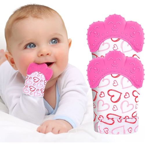 2Pack Silicone Teething Mitt, Soothing Infant Teething Mitten Pain Relief, Prevent Scratches Glove, Safe Silicone Teething Toys for 0-12 Months
