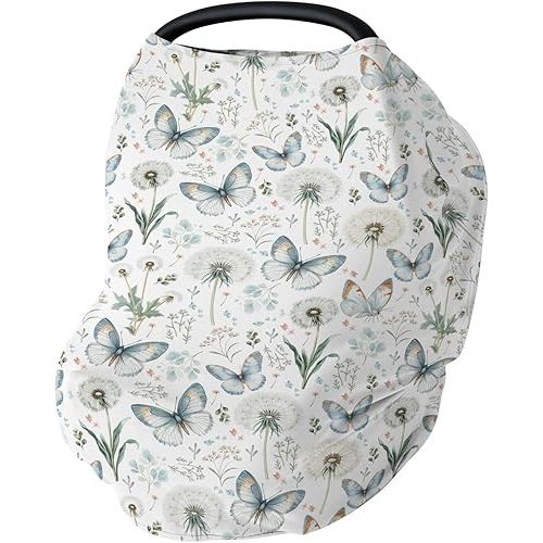 Watercolor Butterflies Floral Car Seat Cover for Baby Vintage Butterflies Spring Wildflowers Stretchy 5-in-1 Covers Adjustable Infant Carseat Cover Canopy Boho Flowers Breathable Nursing Cover-Up