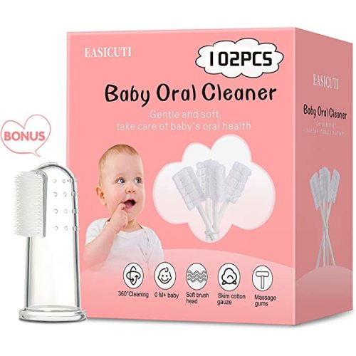 102PCS Baby Tongue Cleaner, Newborn Baby Oral Cleaner, Disposable Infant Gum Cleaner, Gauze Dental Care for 0-36 Months + 1 Finger Toothbrush with Case