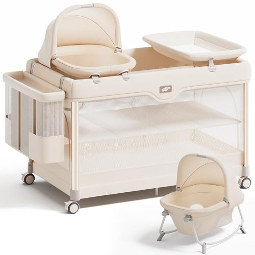 Pamo Babe 6-in-1 Pack and Play with Bassinet, Deluxe One-Step Setup Baby Bassinet with Changing Table, Sleeper Nest, Storage Bag, 4 Wheels Portable Crib Travel Playpen for Baby and Toddler (Beige)