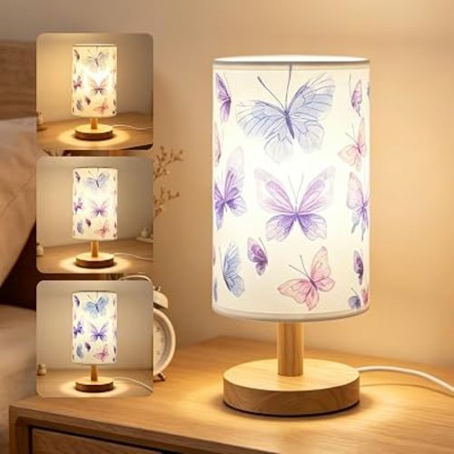 Butterfly Kids Table Lamp for Bedroom Girls Bedside Lamps 3 Colors Modes LED Nightstand Night Light with Cartoon Linen Lampshade Desk Lamp for Girls Boys Room Nursery Decor,Butterfly Gifts for Girl
