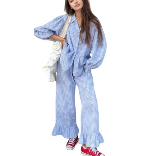 Anna-Kaci Lounge Women's Gingham Button Down Pajama Set with Long Sleeve Collared Top and Ruffle Hem Wide Leg Pants - Small, Blue