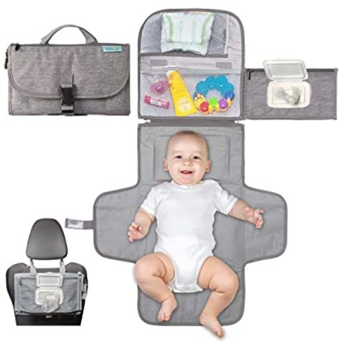 Kopi Baby Portable Diaper Changing Pad - Baby Diaper Changer Travel Bag with Wipes Pocket, Smart Design Portable Changing Mat, Infant Travel Station Kit, Gift for Newborn Girl & Boy - Grey, Classic