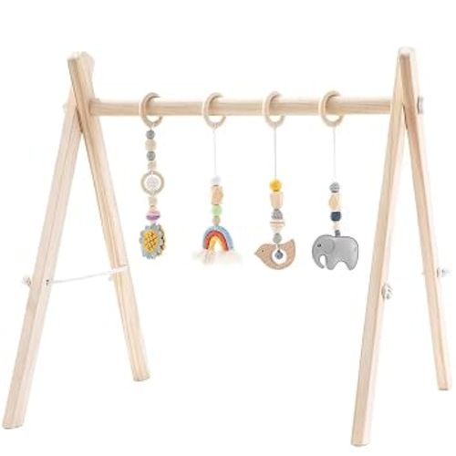 Foldable Wooden Baby Play Gym with 4 Sensory Hanging Toys, Montessori Infant Activity Frame for 0-12 Months | Solid pine safe gym with 4 sensory teething toys, foldable stable frame, boho nursery decor & perfect baby shower gift