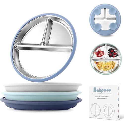 Stainless Steel Toddler Plate with Suction, 8” Divided Plates with Removable Silicone Sleeves for Baby, Non Toxic Unbreakable Kids Snack Dishes Set of 4, Sage Blue Gray Navy