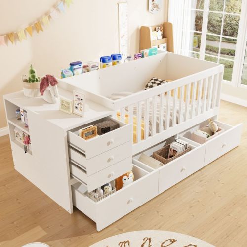 ModernLuxe 2-in-1 Convertible Baby Crib to Toddler Bed Daybed, Wood Platform Bed Frame with Changing Table & 6 Drawers, White