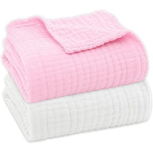 Muslin Set of 2, 6-Layers 43 x 43 Inches Baby Bath Towel Swaddle Wrap Blankets for Newborn Girls (White & Pink)