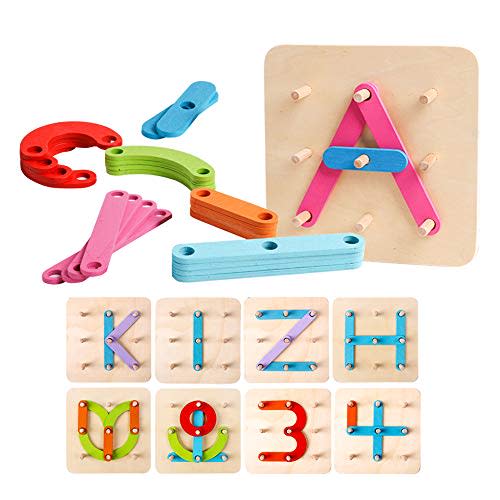 kizh Wooden Letter and Number Construction Activity Set Educational Preschool Toys Shape Color Recognition Pegboard Sorter Set Board Blocks Stack Sort for Toddler Kids Boys Girls Toy