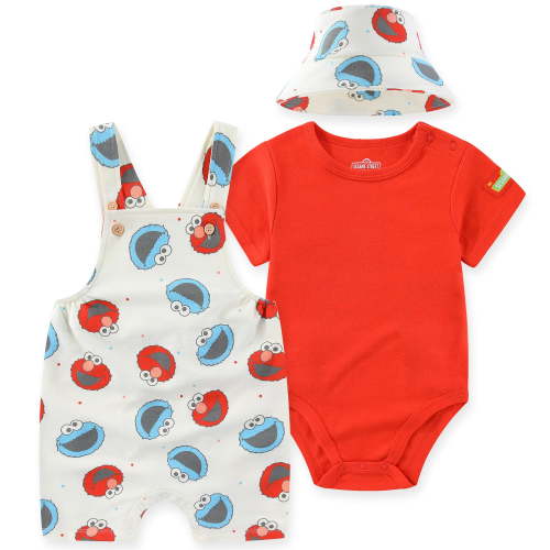 Sesame Street Elmo and Cookie Monster Baby Shortall Overalls with Hat Set (Boys), 3 Piece Set, Sizes 3M-24M
