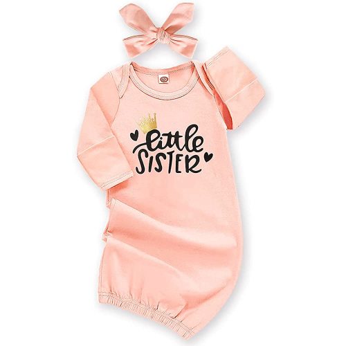 Newborn Baby Girl Little Sister Sleeper Gown Stripe Long Sleeve Nightgown Outfit