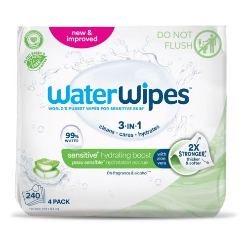 WaterWipes Sensitive+ Hydrating Boost Wipes, 3-In-1 Cleans, 99% Water with Aloe Vera, Unscented & Hypoallergenic Baby Wipes