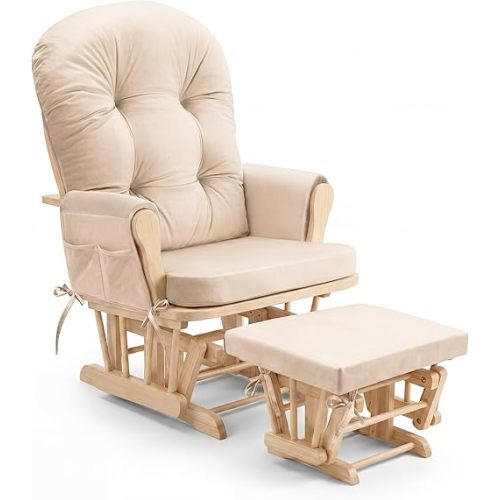 Glider Rocker Replacement Cushion Set, Rocking Chair Cushions with Back Support, Soft Vinyl Fabric, Non-Slip, Armrest Storage Pockets, Seat & Back Pads for Nursery Living Room