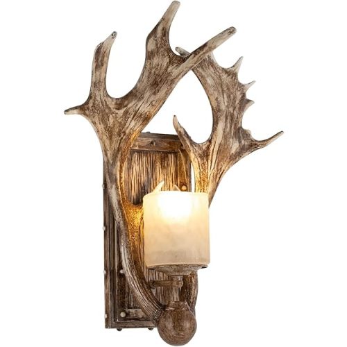 Deer Antler Wall Lamp, Rustic Faux Resin Antler Wall Mount Light Fixtures with E12 Base, Indoor Deer Sconce for Bedroom Bathroom Hallway Entrance Retro Wall Decor