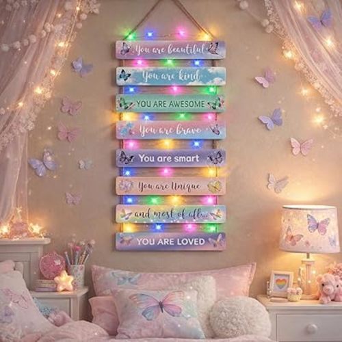 Cute Butterfly Room Decor Set of 8 with Led Light for Teen Girls Kids Toddler, Pink Inspirational Butterfly Wood Nursery Wall Decor for Bedroom, Dreamy Chic Cozy Motivational Princess Room Decor
