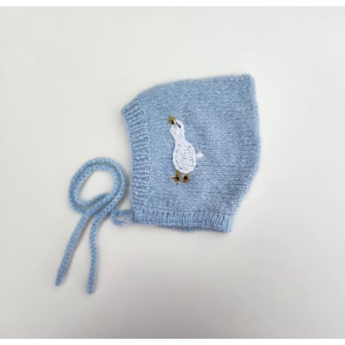 Made to Order Baby Bonnets with Goose Embroidery.  Alpaca Baby Bonnet. Unisex Baby Bonnets. Knit Baby Pixie Style Hat. Embroidered Bonnet.
