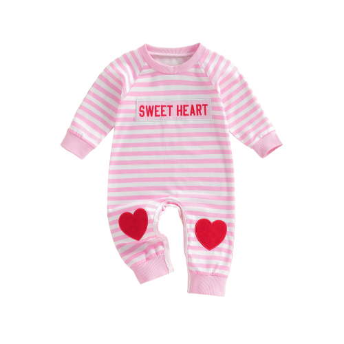 BemeyourBBs Newborn Baby Boy Girl Valentines Day Outfits Striped Plaid Romper Long Sleeve Crew Neck Heart Letters Embroidery Jumpsuit Cute Fall Winter Spring Clothes