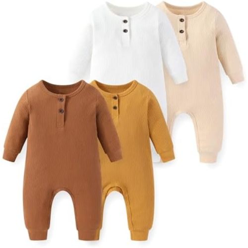 JELYLOVE 4 Pack Soild Long Sleeve Baby Boy Girl Romper Infant Jumpsuits