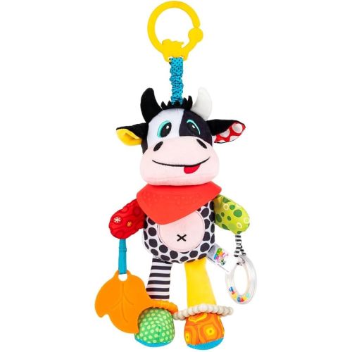 Balibazoo Clara The Cow Plush Baby Toy – Soft Sensory Toy with Rattle Ring, BPA-Free Silicone Teethers & Multi-Texture Tags | Clip for Stroller, Car Seat & Carrier | Developmental Toy 0-24M