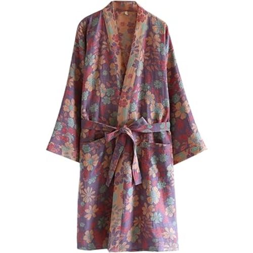 Cotton Double Gauze Traditional Hanfu Midi-length Nightdress Printing Tie-belt Bathrobe Loose Pajamas Comfortable Nightgown Sweat Steaming Yukata Sauna Suit Sleepwear Kimono for Women Large(Purple)