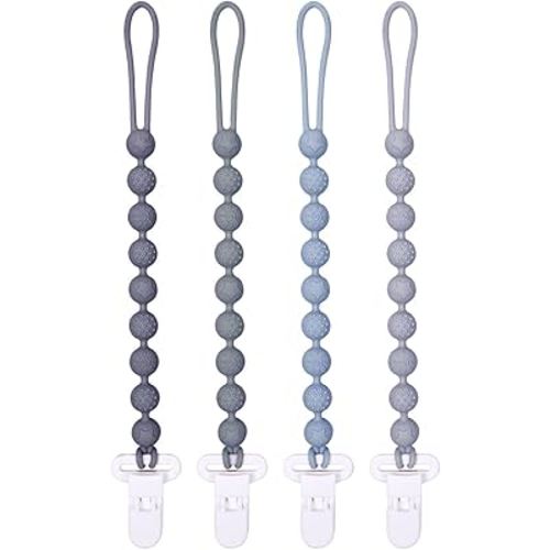 One Piece Design Silicone Pacifier Clip Holder,Pack of 4 Flexible Paci Leash,Binky Clips with Textures for Baby Boys and Girls,Newborn Essential (Gray)