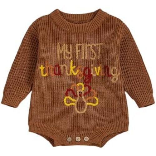 My First Thanksgiving Baby Boy Girl Outfit Newborn Embroidery Knit Sweater Bubble Romper Long Sleeve Knitted Bodysuit